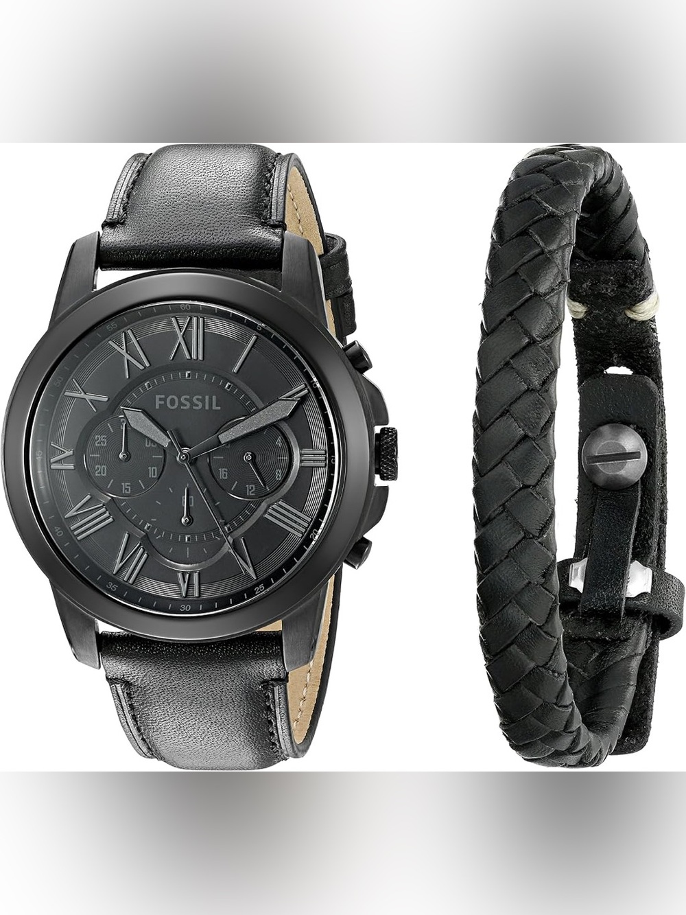 Fossil All-Black Chronograph Watch with Braided Leather Bracelet